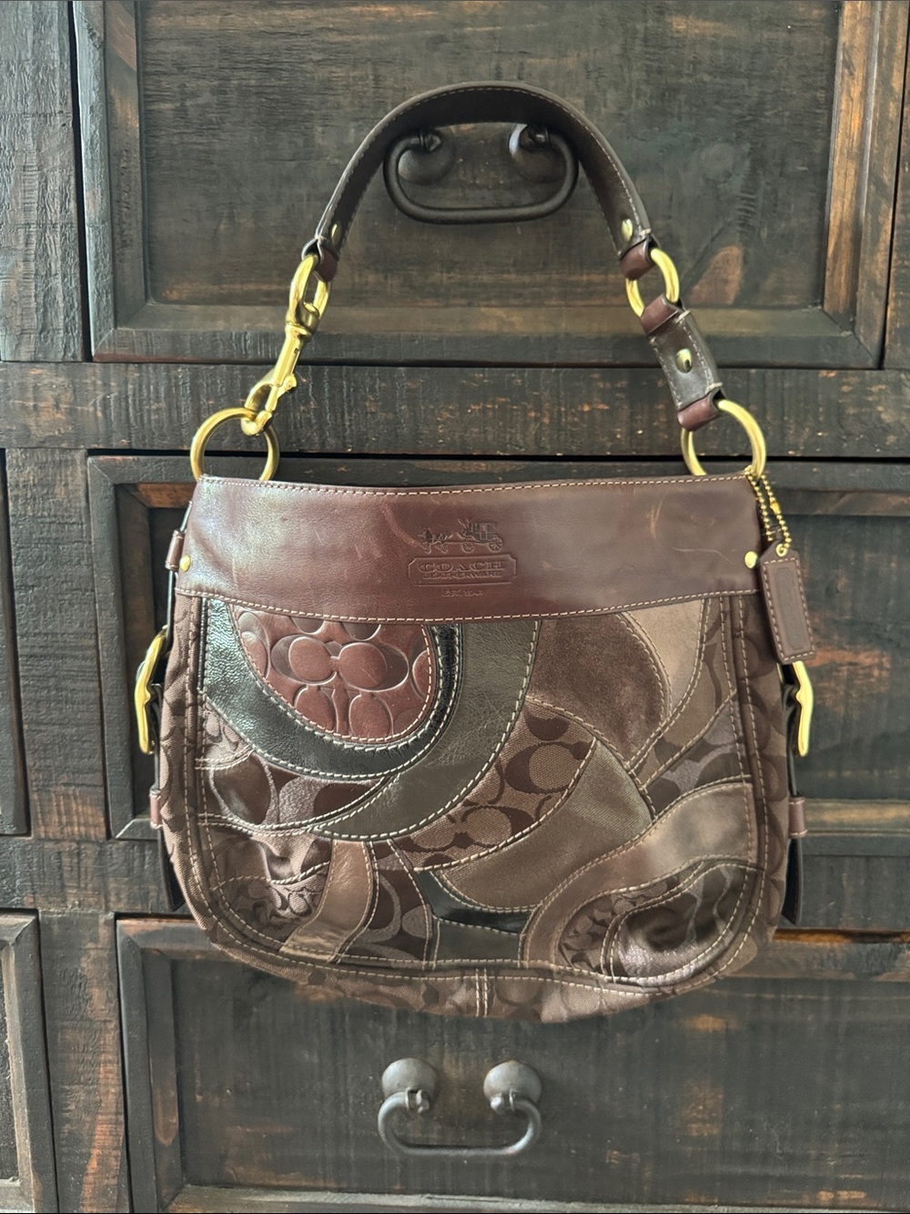 Coach Patchwork Chocolate Brown Leather & Signature Shoulder Bag